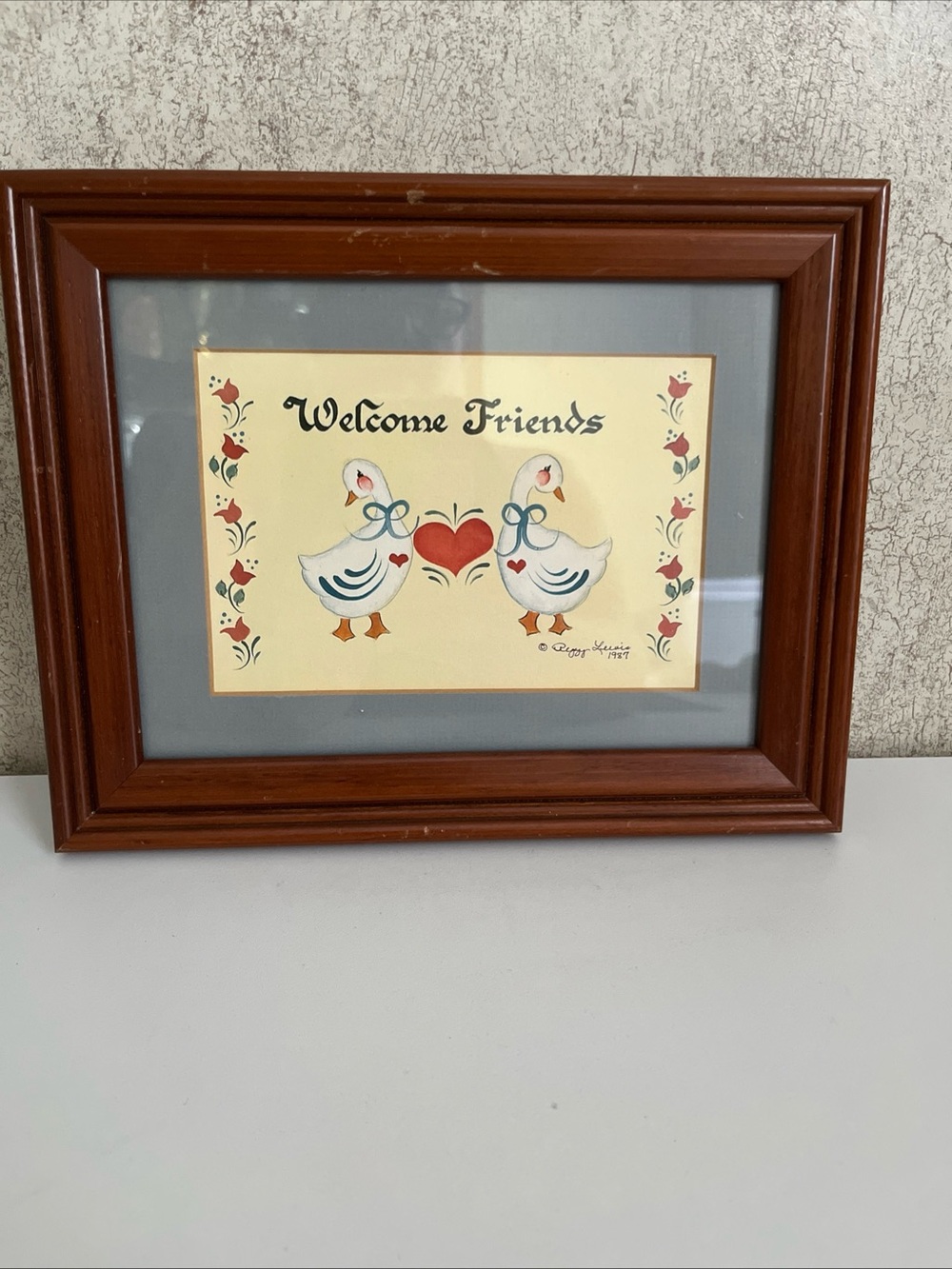 Wooden Framed Folk Art Blue Geese Welcome Friends Pennsylvania Dutch Americana